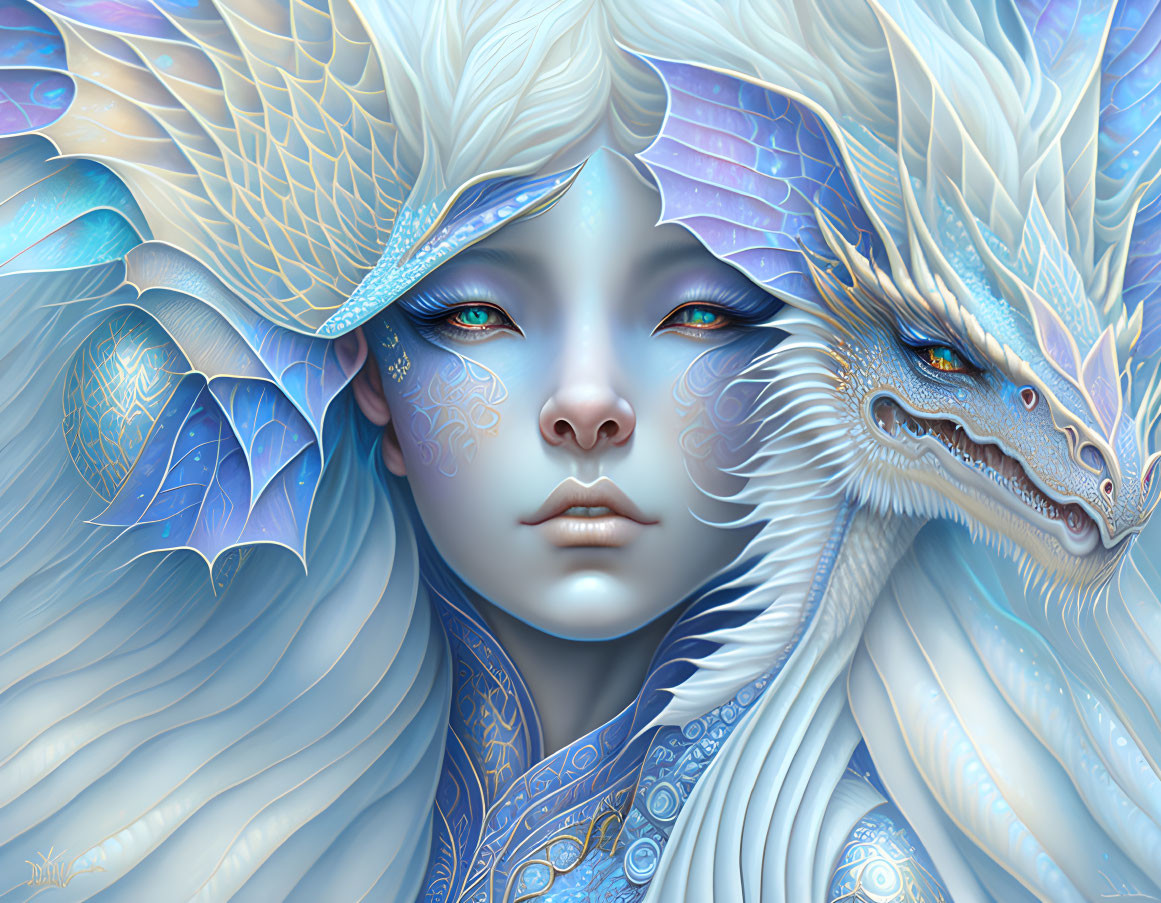 Fantasy illustration of woman with blue eyes and ethereal patterns with serene blue dragon.