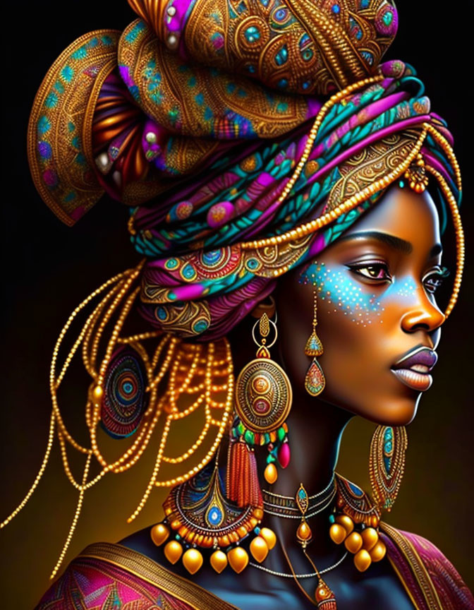 Detailed illustration of woman with ornate headwrap, face paint, and glowing jewelry