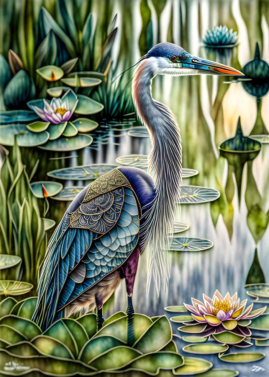 Colorful Heron Among Lily Pads and Lotus Flowers