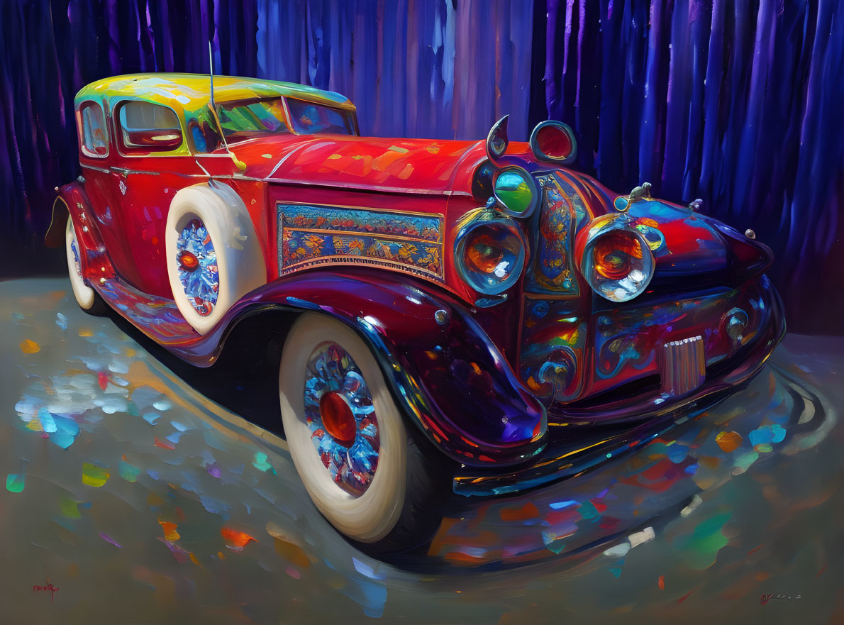 Vibrantly painted classic car against blue and purple curtains