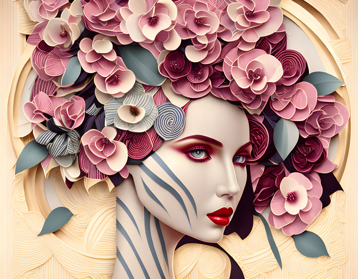 Detailed artwork: Woman's face with stylized makeup, pink and purple paper flowers on carved wood.