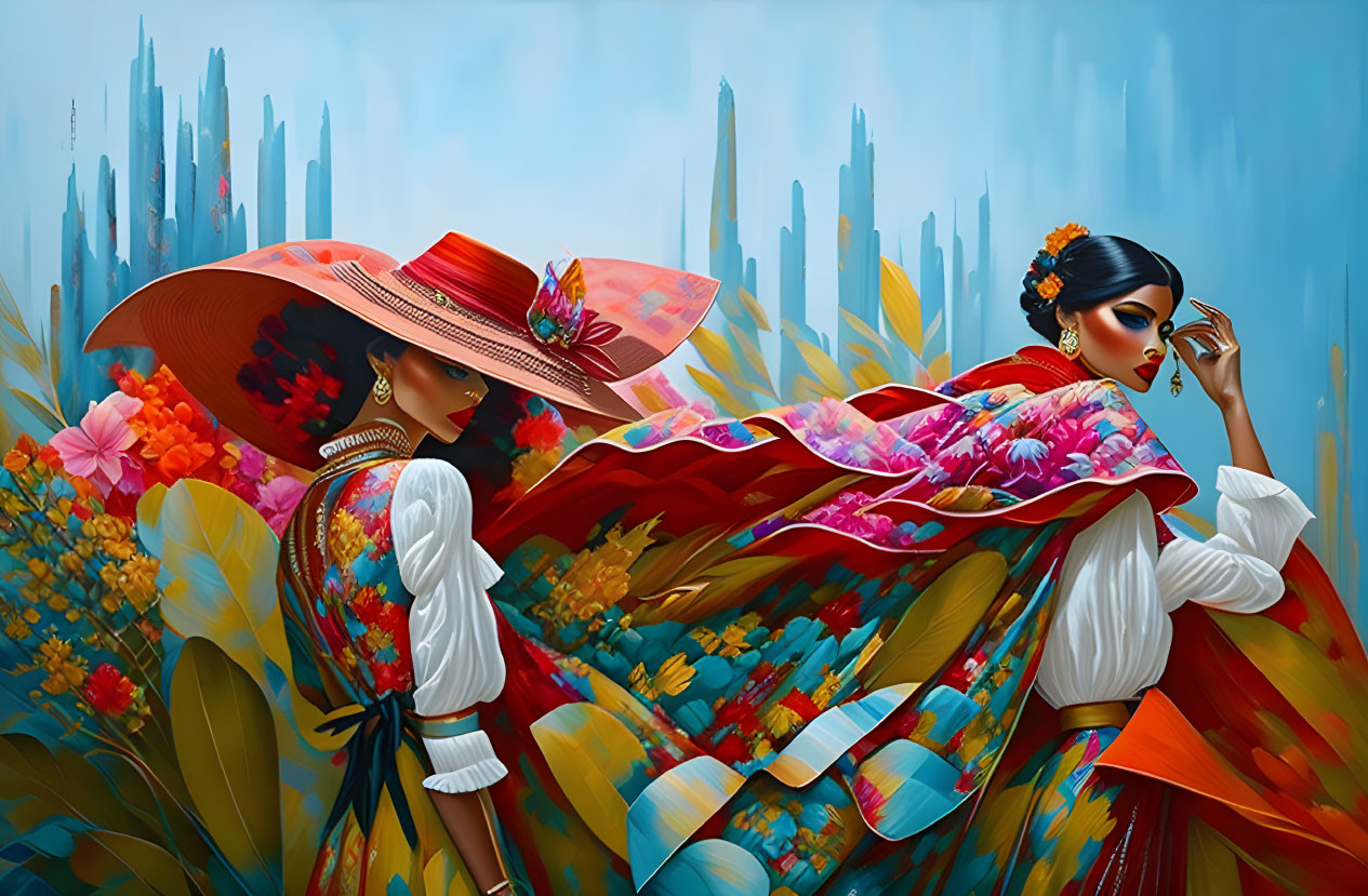 Two women in vibrant Mexican attire against futuristic cityscape