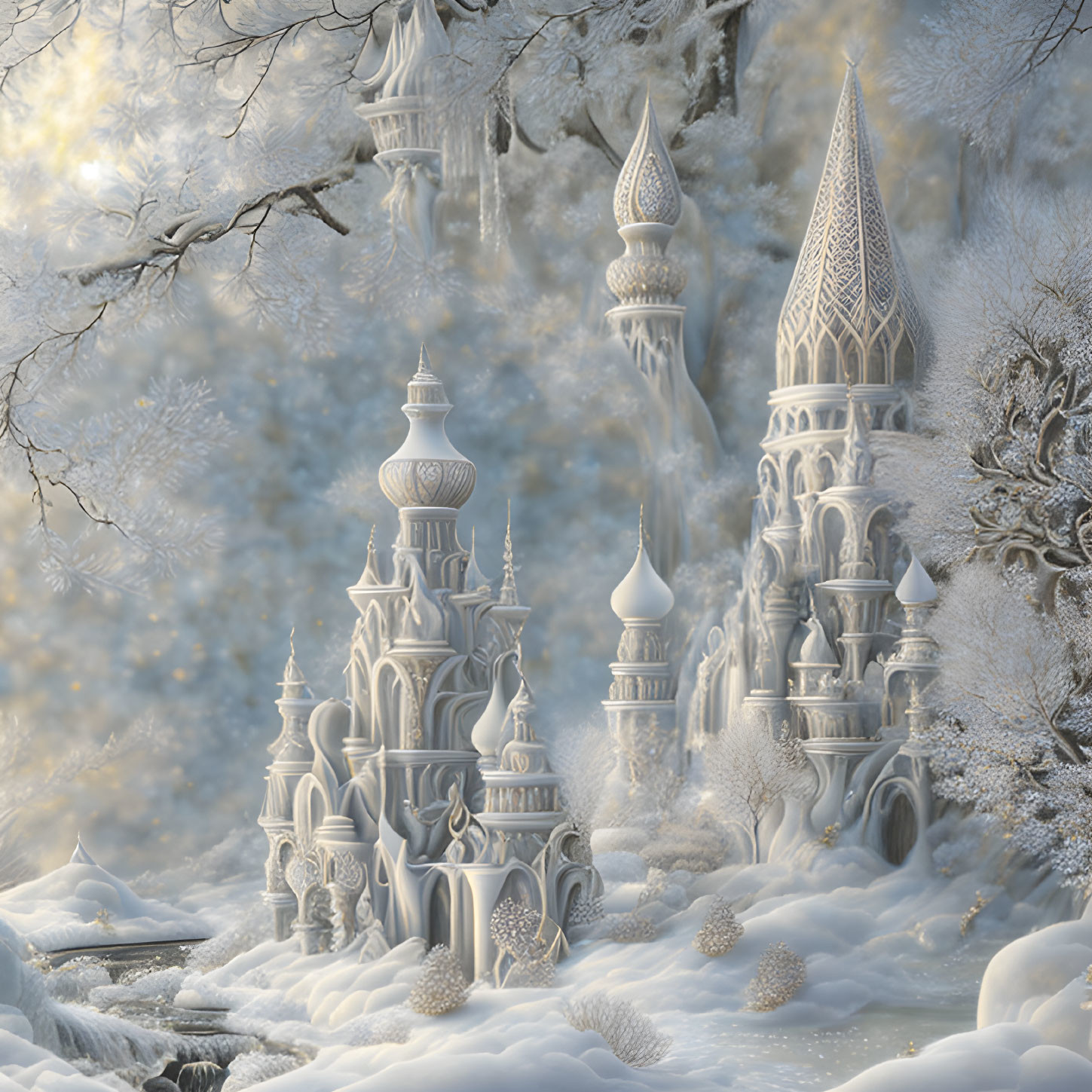 Fantasy castle in snowy winter forest landscape