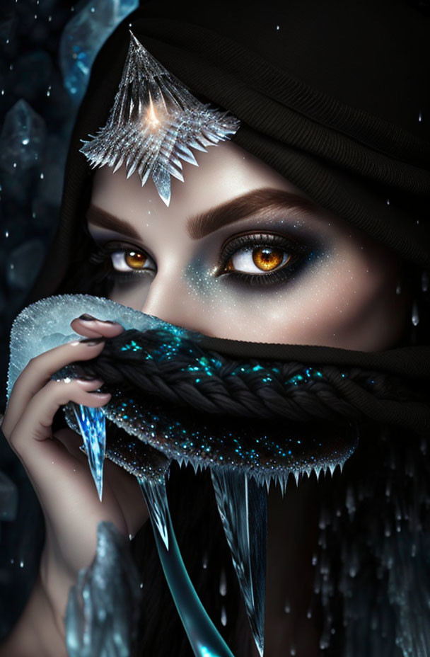 Portrait of person with ice-themed makeup, headscarf, and jewel-like adornments in wintry