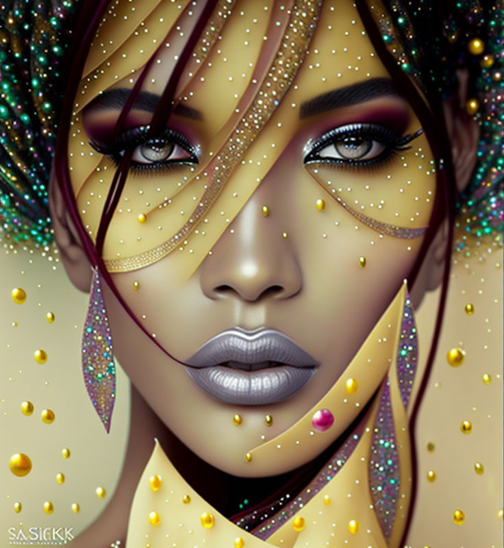 Woman with Golden Adornments and Metallic Lips in Mystical Digital Art