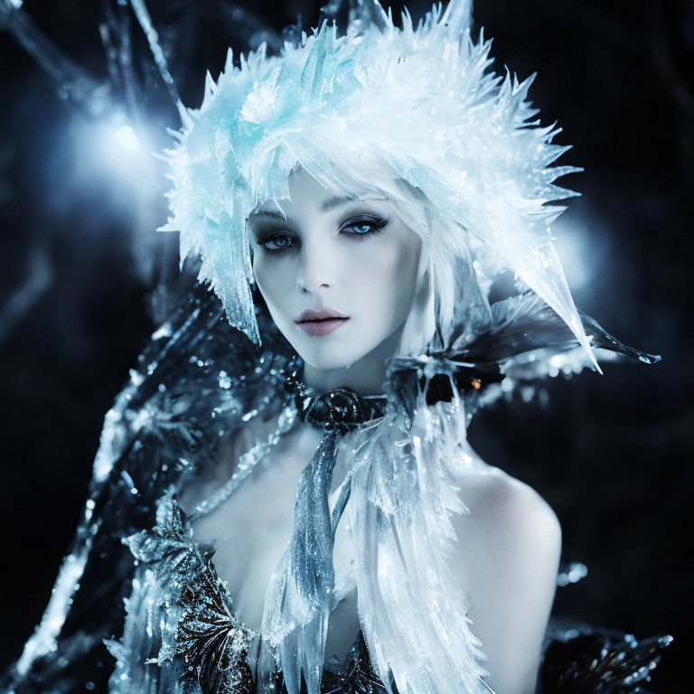 Icy Blue Makeup and Crystalized Costume Ice Queen in Wintry Setting