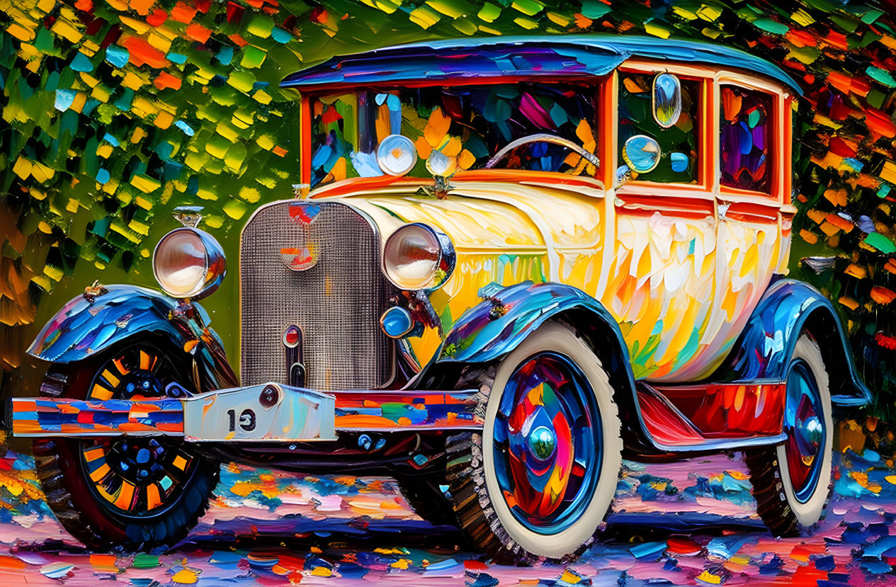 Vibrant vintage car painting with abstract patterns and vivid background