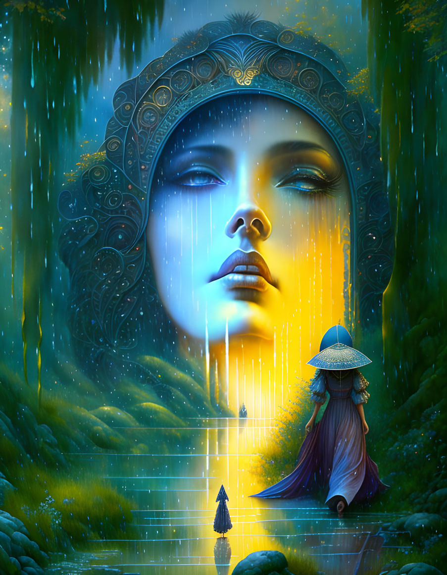 Surreal illustration of colossal ethereal woman's face above rain-soaked landscape