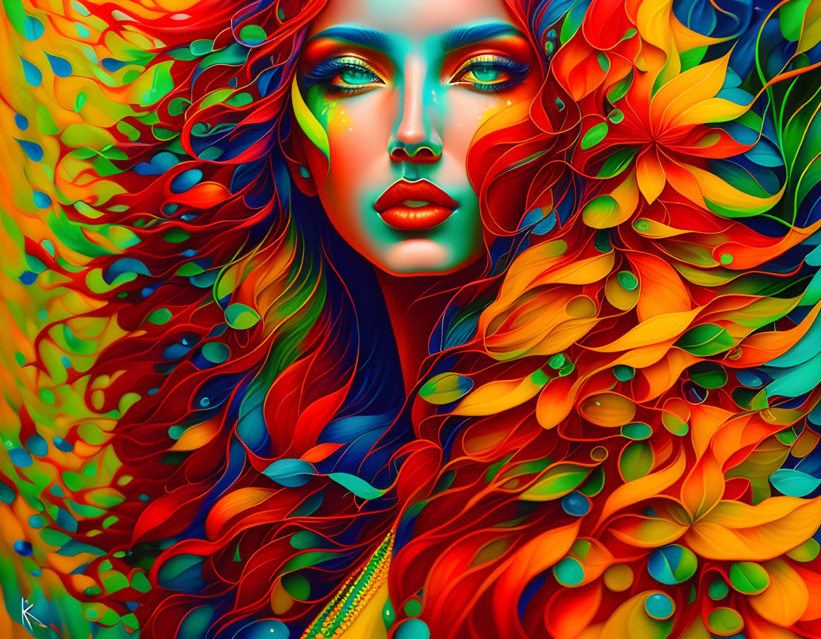 Colorful woman illustration with red hair and vibrant foliage, bold teal makeup.