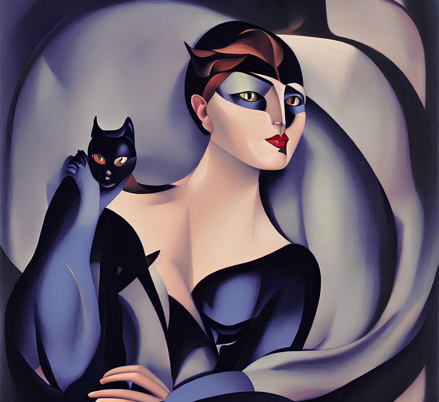 Abstract artwork of woman and cat masks with dark/light contrasts