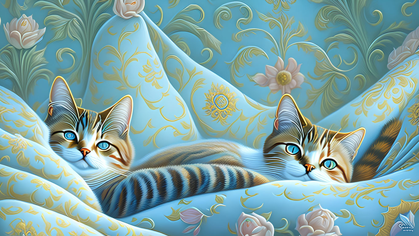 Stylized cats with striking eyes on blue floral fabric with gold and white designs