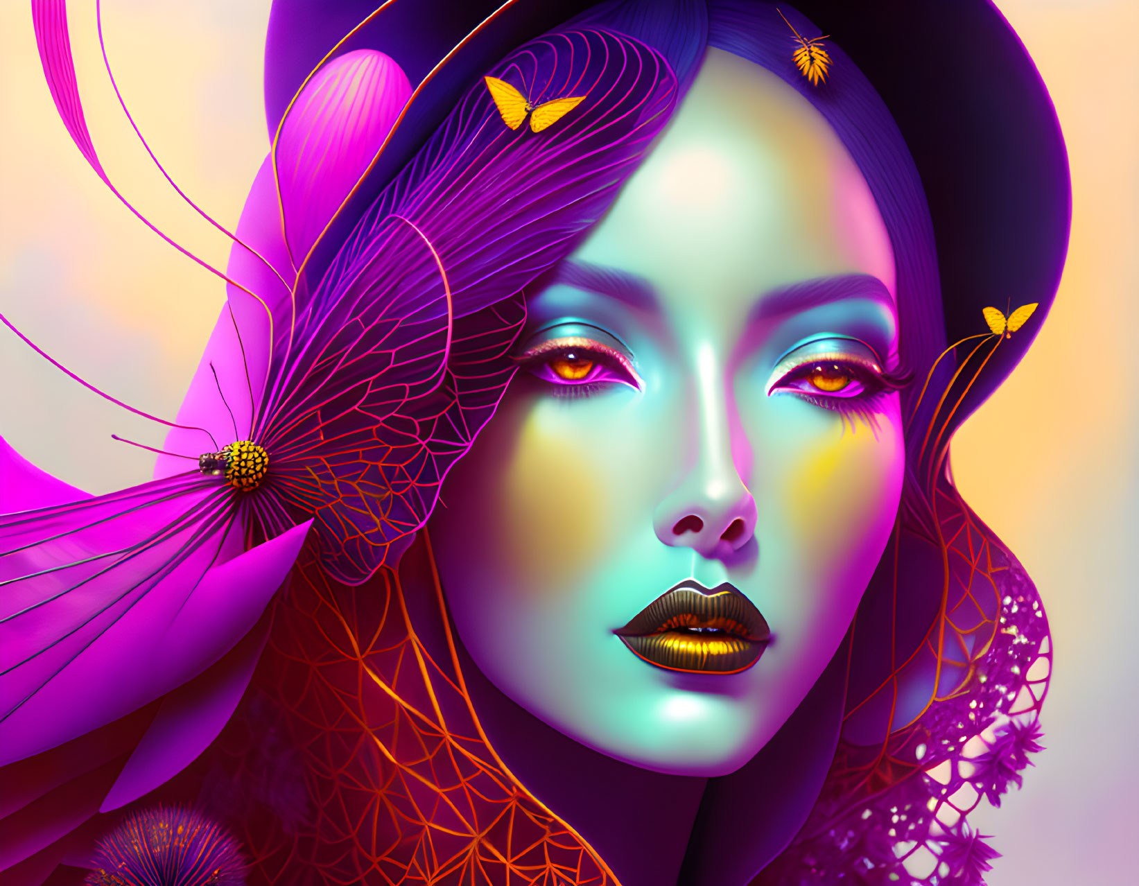 Colorful digital artwork: Stylized woman with flowers and butterflies on warm gradient backdrop