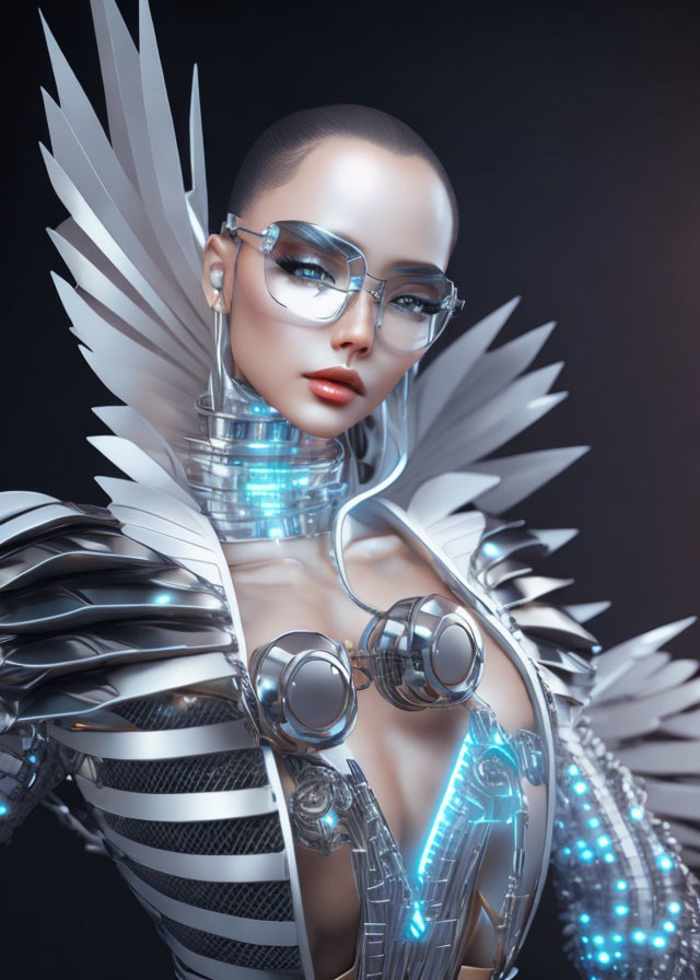 Futuristic female android with wing-like structures and sleek eyeglasses