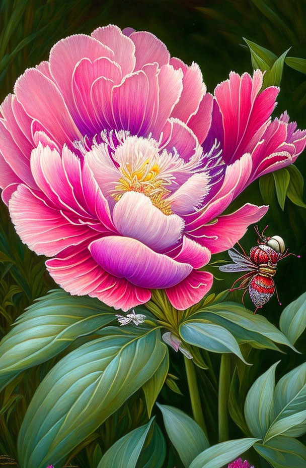 Detailed pink peony painting with lush green leaves and insect.