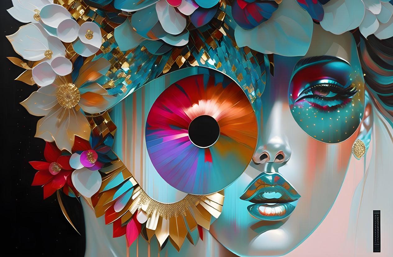 Colorful digital artwork: Woman's face with intricate eye detail, floral and geometric elements on dark backdrop