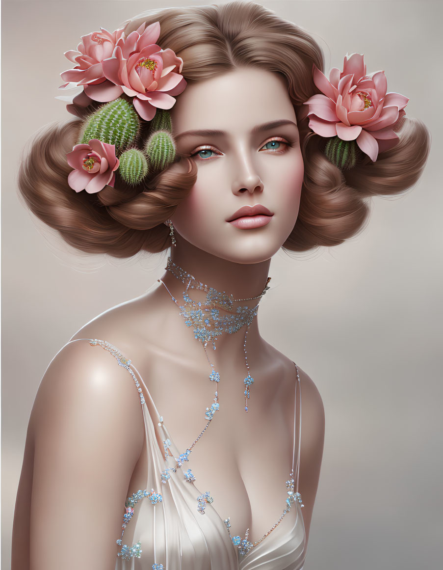 Digital portrait of a woman with stylized hair, pink flowers, cacti, blue jewelry,