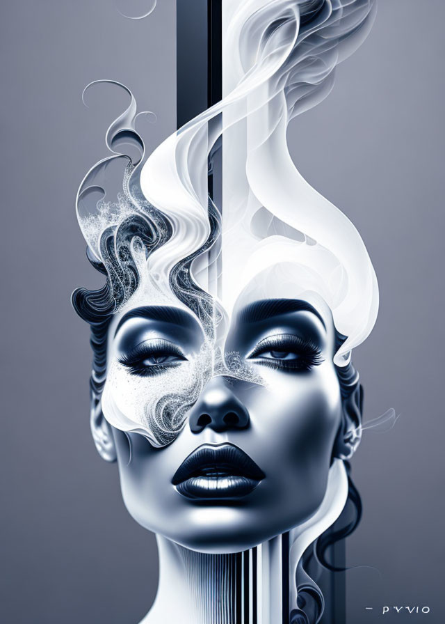 Symmetrical stylized woman's face with smoke-like details