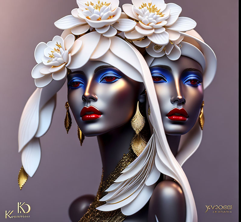 Mirrored female figures with metallic skin, white flowers, gold jewelry, blue makeup