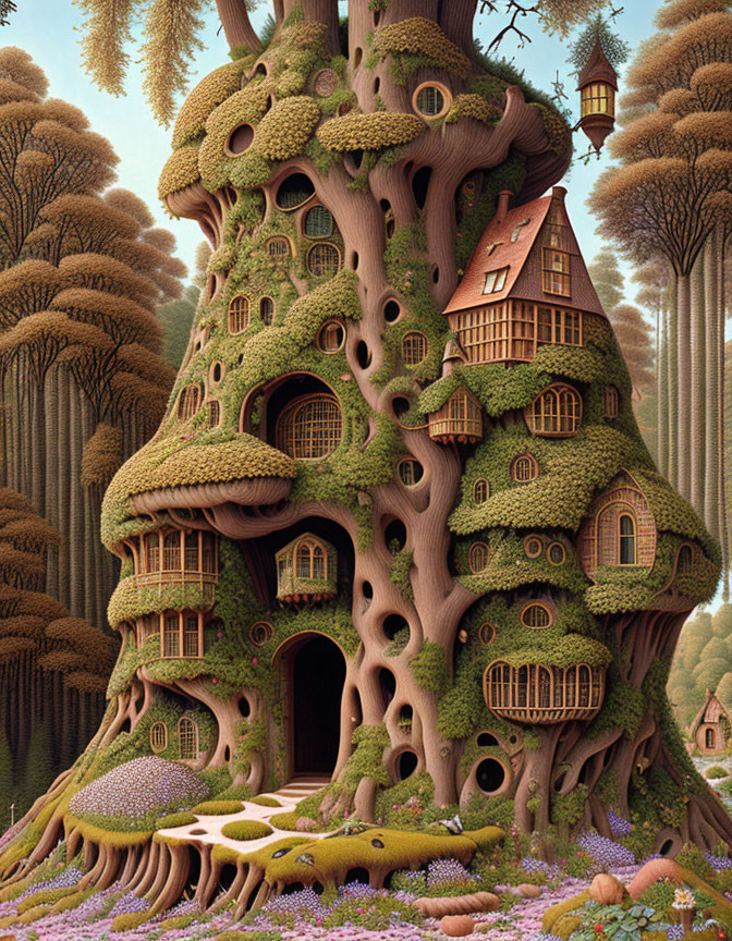 Detailed Fantasy Treehouse Illustration in Forest