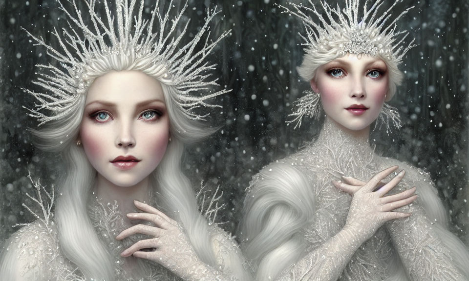 Two women with pale skin and white hair wearing crystal crowns in a snowy setting.