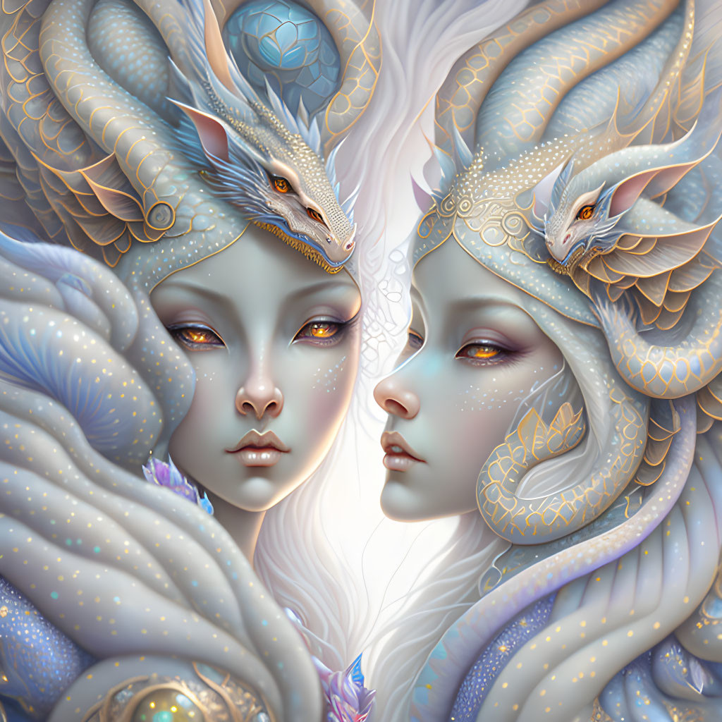 Digital Art: Serene faces with dragon adornments on textured background