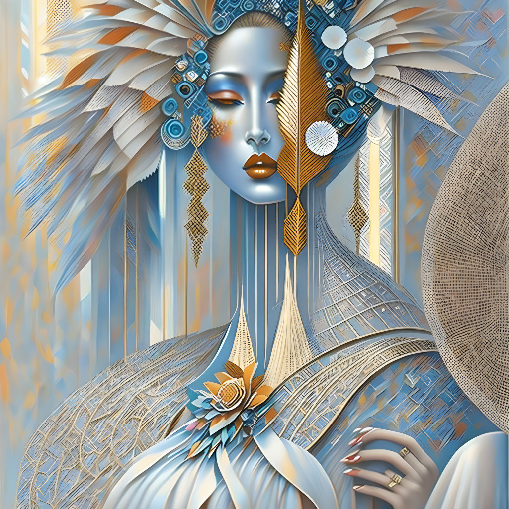 Stylized digital artwork of serene female figure in blue and gold attire