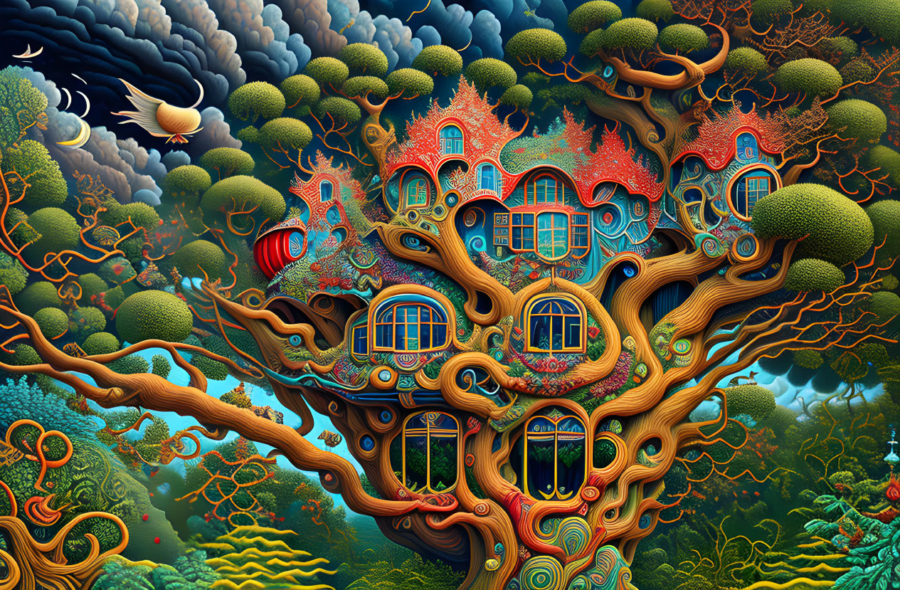 Vibrant tree artwork with whimsical house structures under dramatic sky