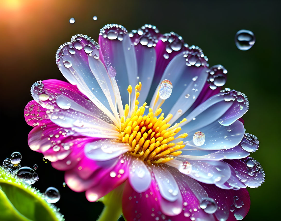 Multicolored flower with water droplets on blurred warm background