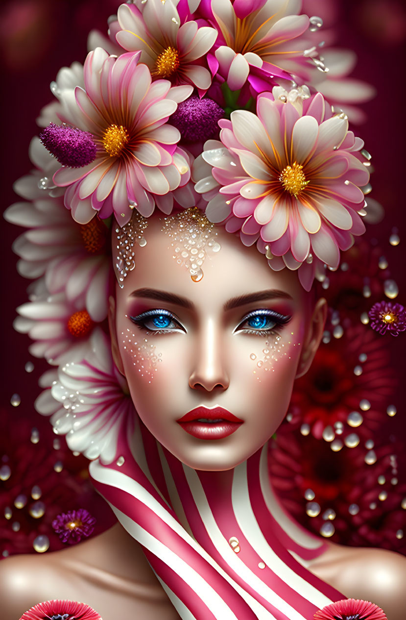 Surreal portrait of woman with blue eyes and floral headpiece on red background