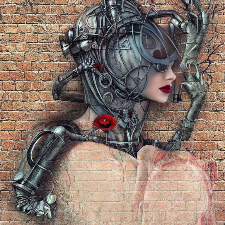 Detailed futuristic robotic woman merged with brick wall, entwined by vines, holding red poppy.