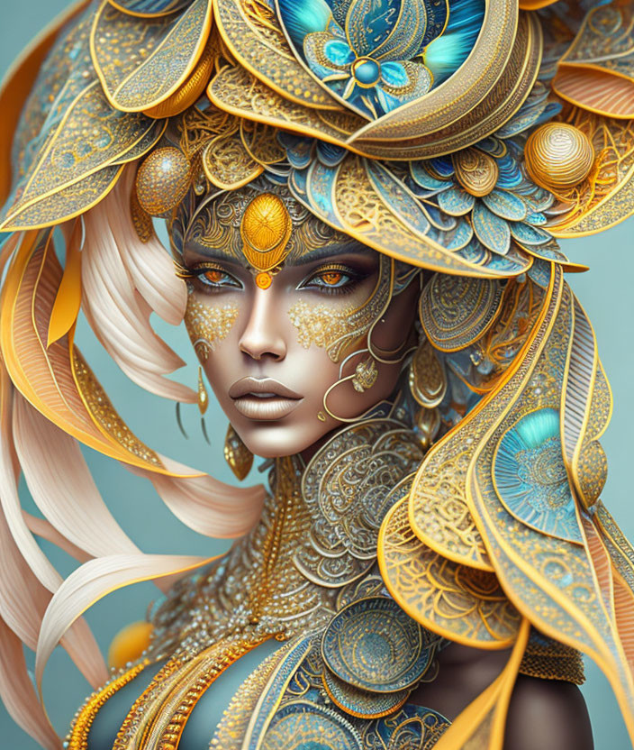 Detailed Digital Artwork: Woman in Golden and Turquoise Jewelry