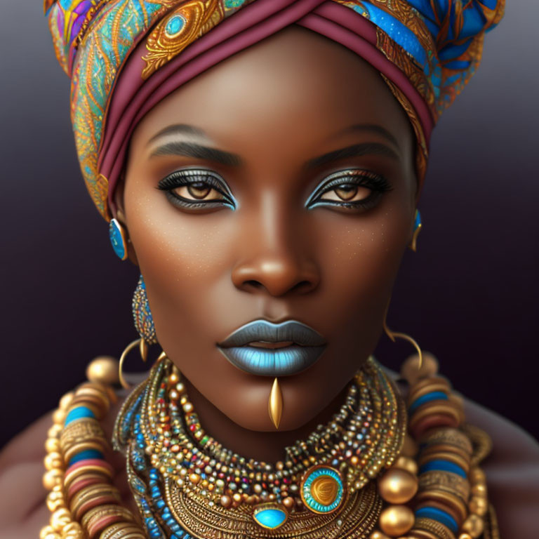 Vibrant portrait of woman with colorful headwrap and bold makeup