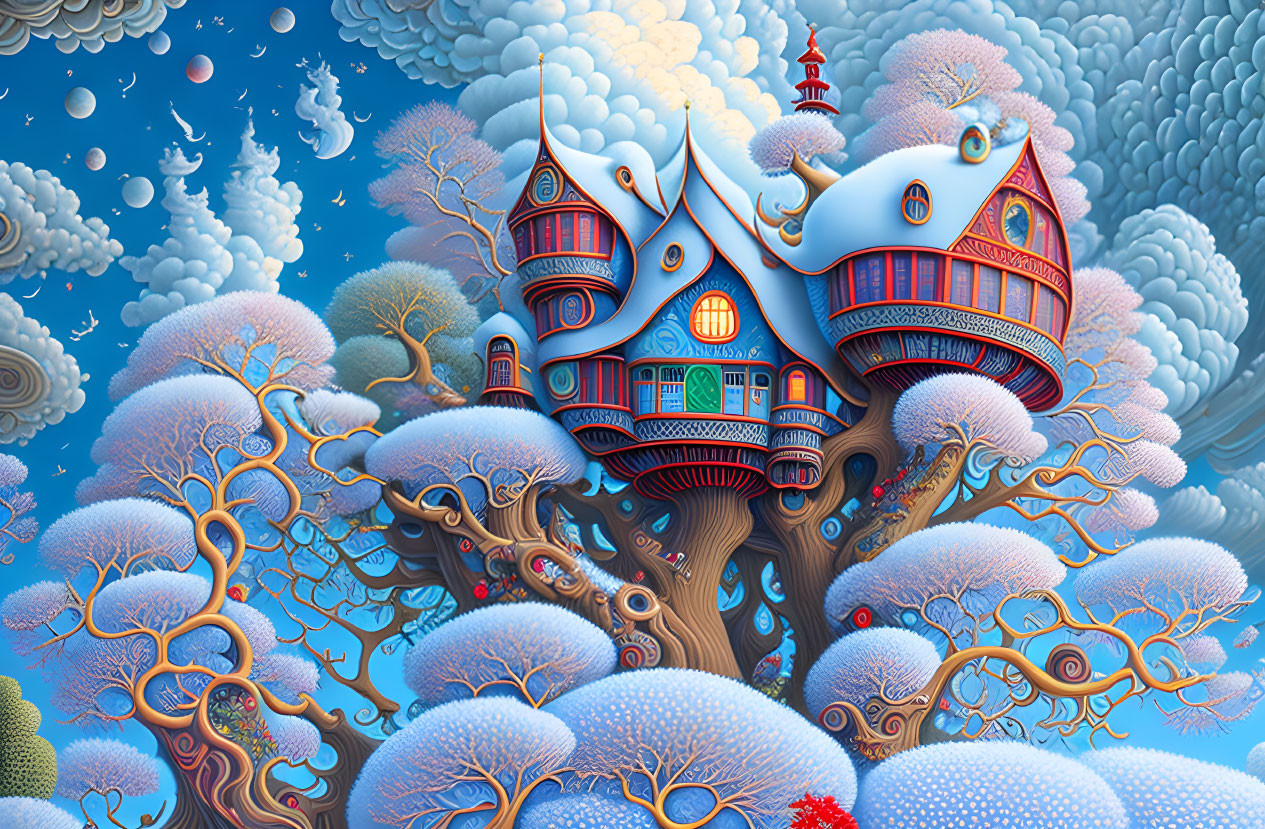 Whimsical treehouse in vibrant blue and red tones atop magical tree