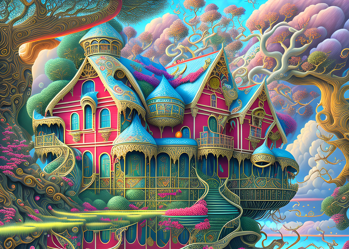 Colorful Surreal Landscape with Victorian-Style Mansion & Fantastical Trees