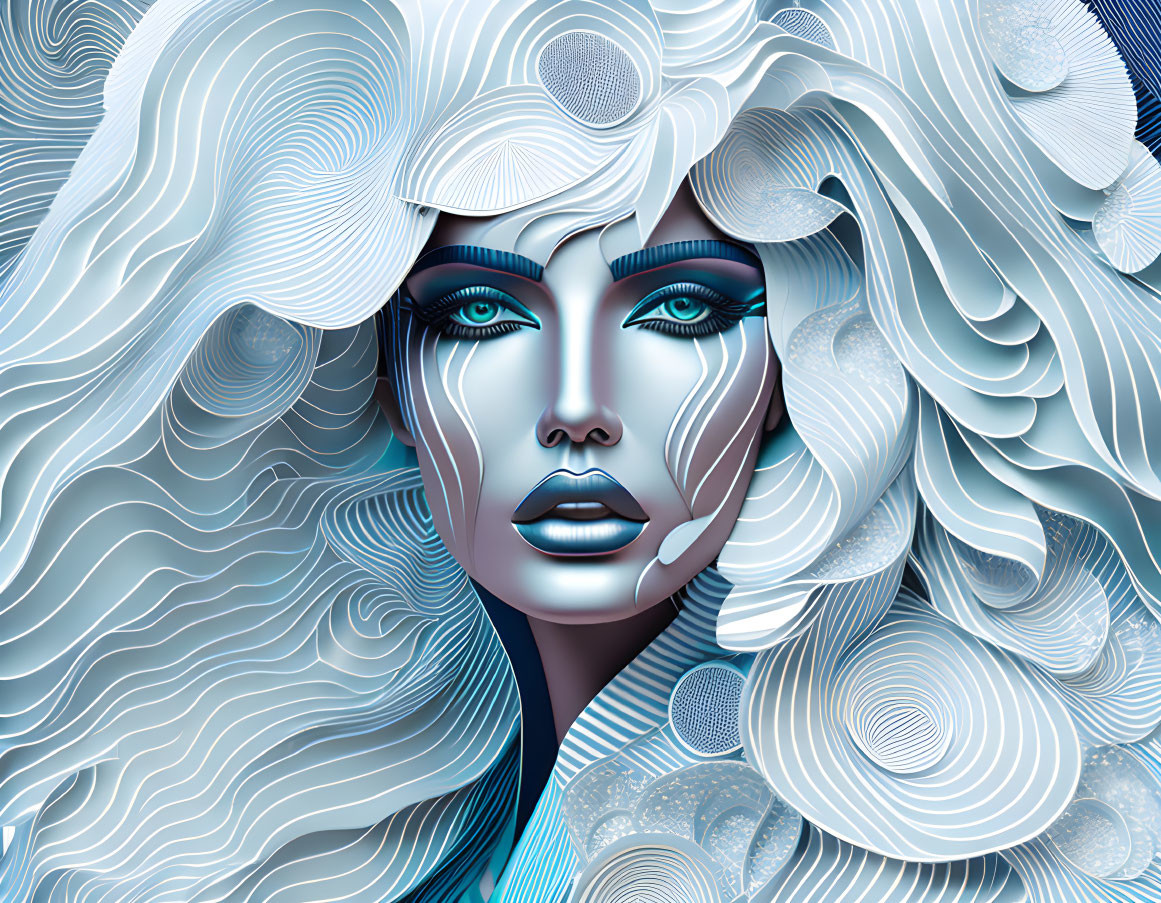 Stylized digital artwork of female face with blue tones and intricate wave patterns