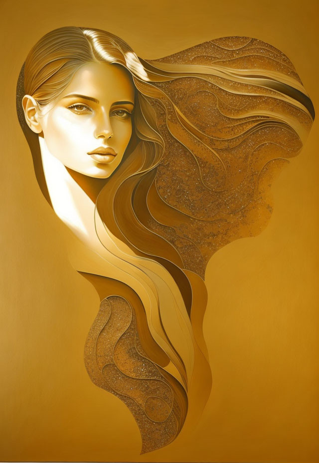 Portrait of Woman with Flowing Hair in Gold and Brown Tones