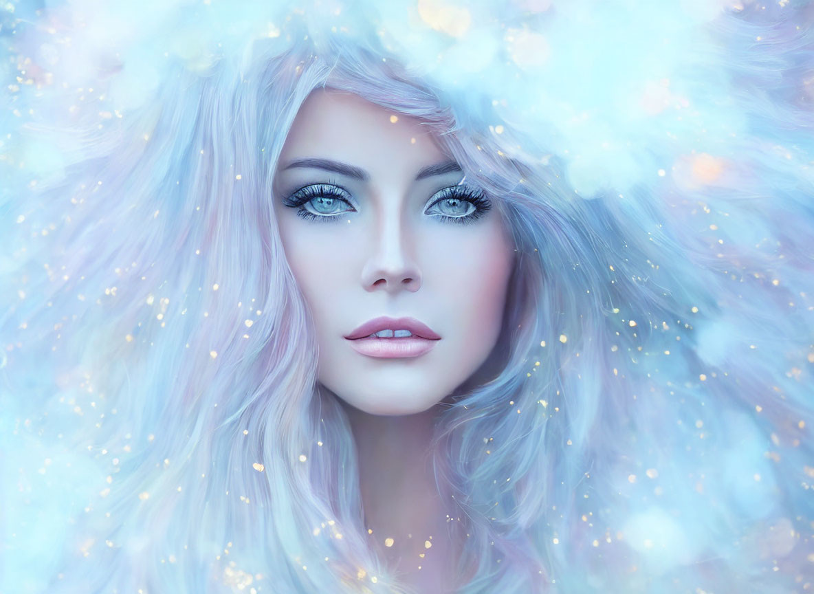 Portrait of Woman with Icy Blue Eyes and Pale Blue Hair