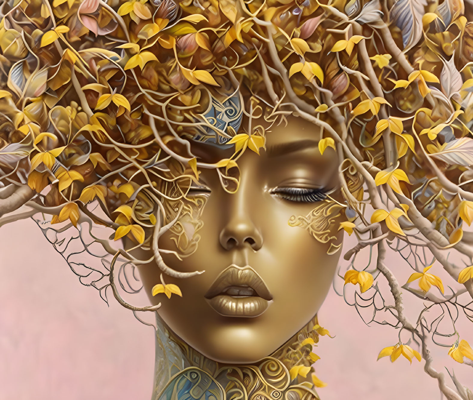 Golden ornate female figure with closed eyes and intricate floral headdress on pastel background