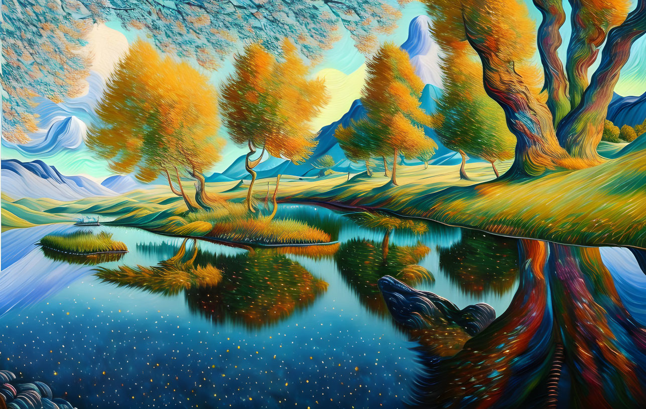 Colorful autumn landscape with golden trees, blue lake, rolling hills, and whimsical sky