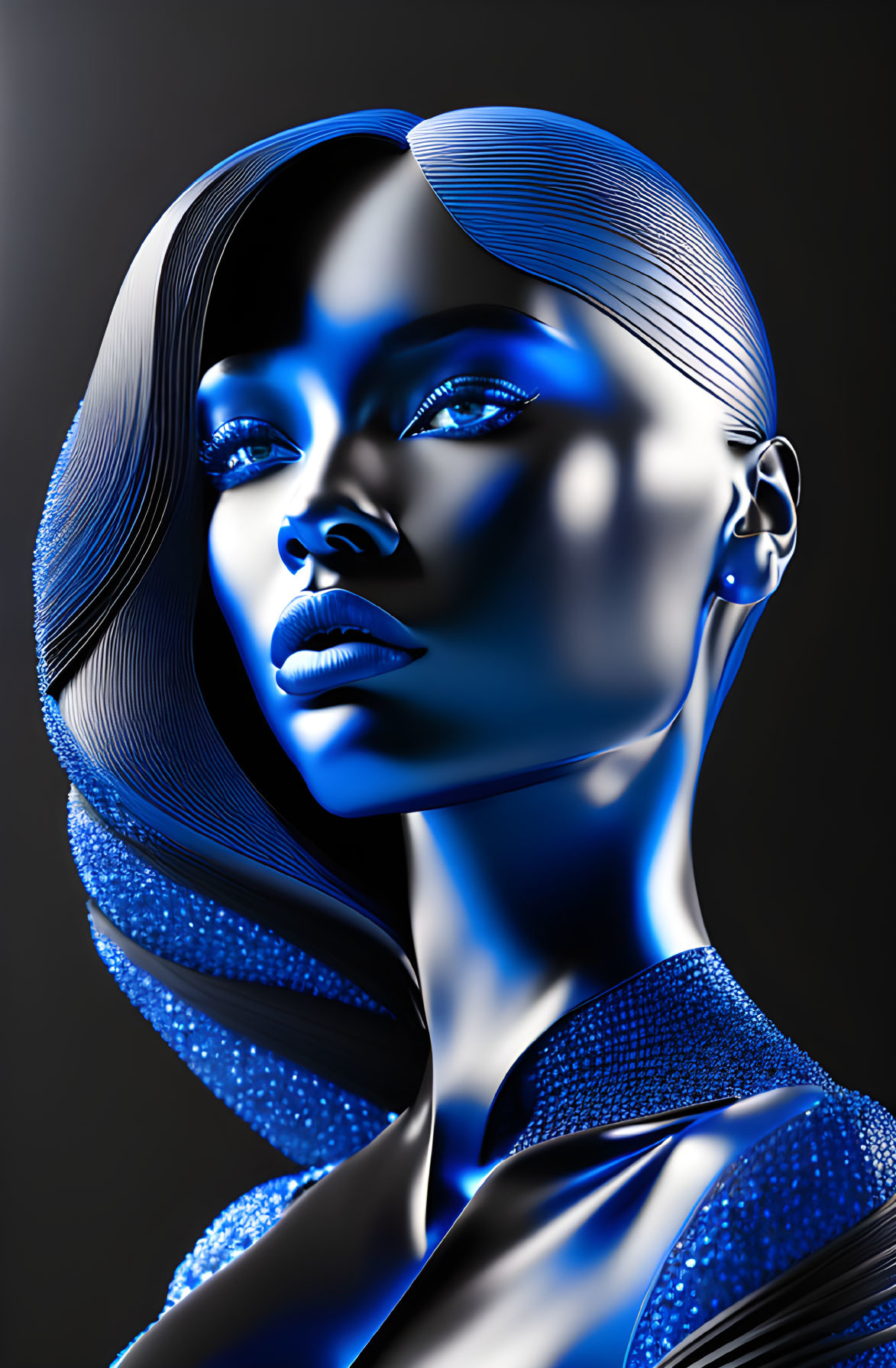 Futuristic digital artwork: Figure with metallic blue skin and illuminated eyes