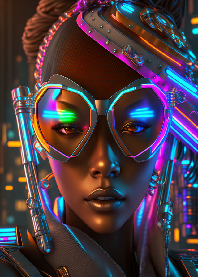 Futuristic woman with neon-lit glasses and cyborg-esque headset