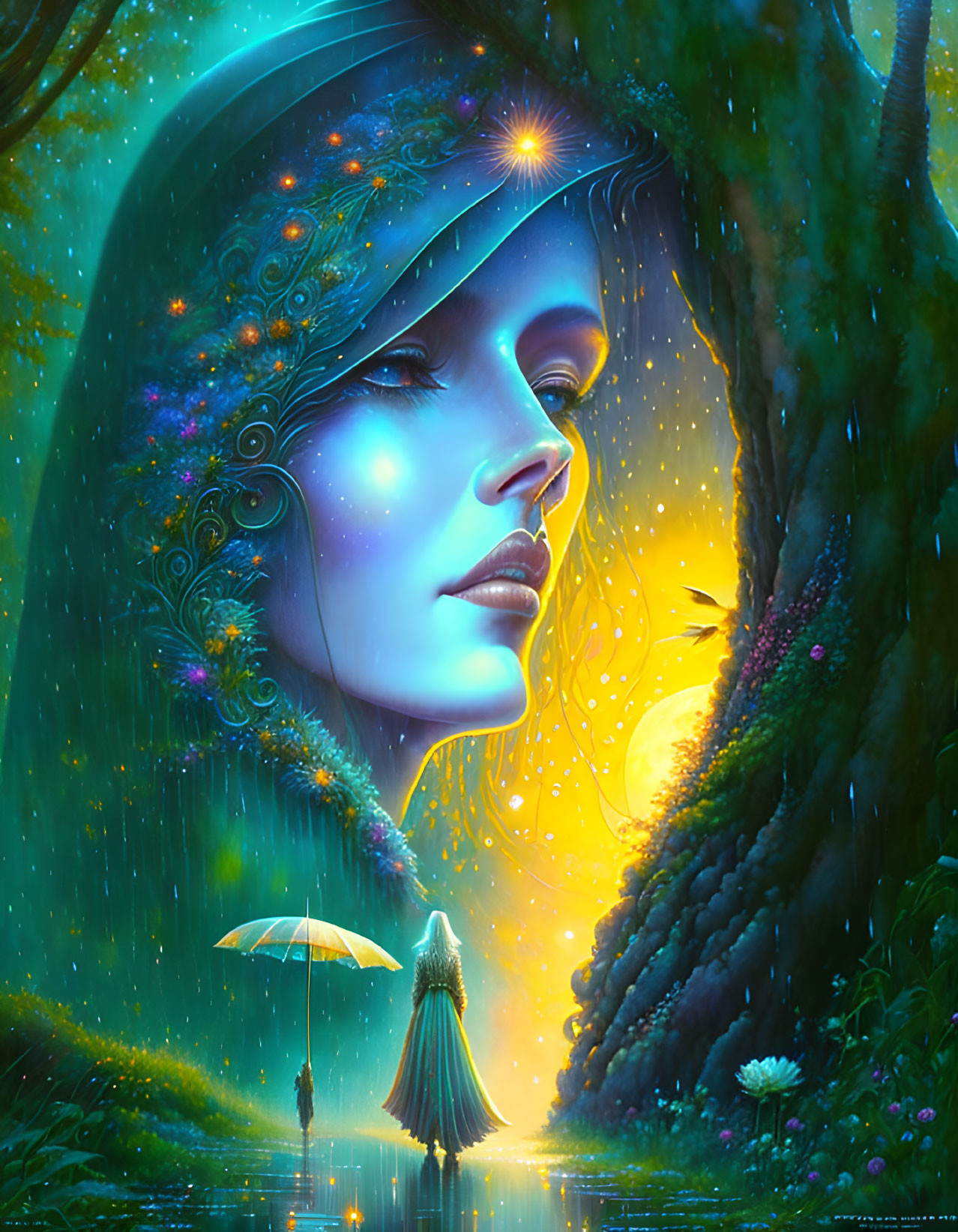 Ethereal woman's face over mystical forest with figure and umbrella