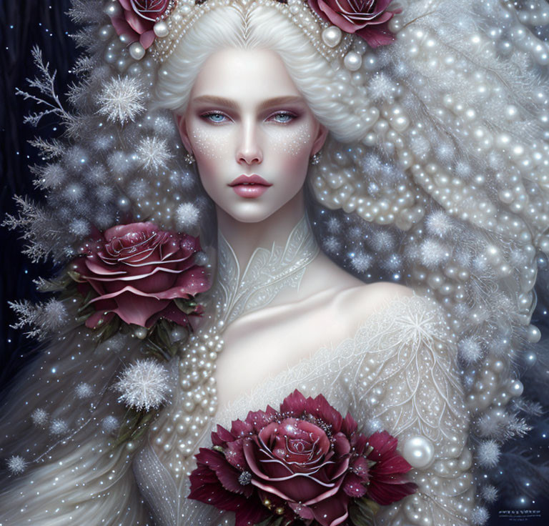 Ethereal woman with white hair and pearls in intricate lace attire