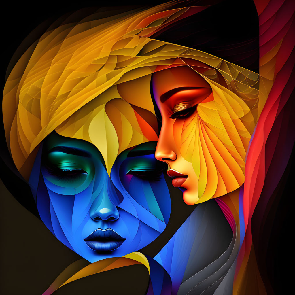 Colorful digital artwork: Two stylized female faces in profile with flowing lines.