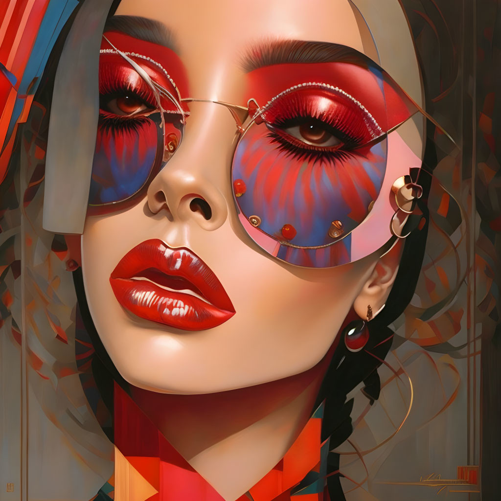 Digital portrait of a woman with red-tinted round glasses and vibrant red lips on a brown and