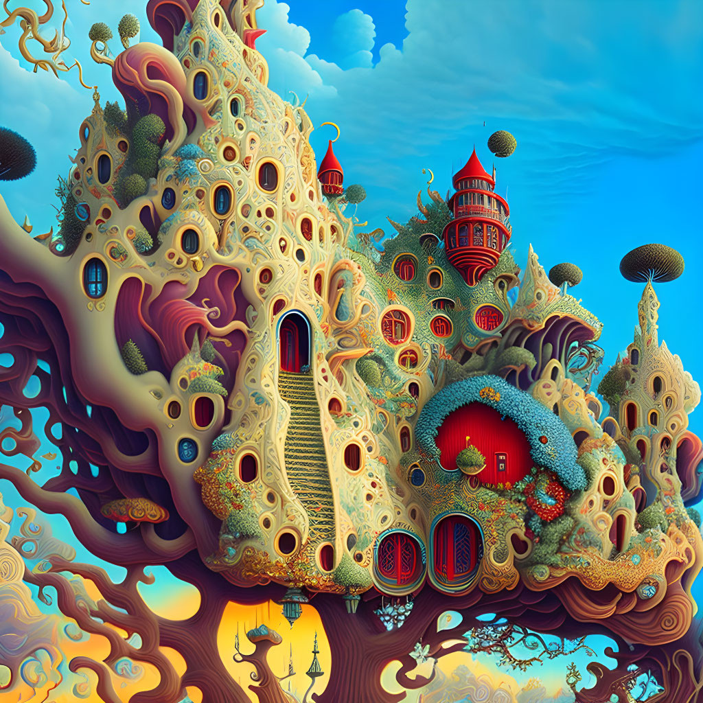 Vibrant organic castle with red spires on blue sky