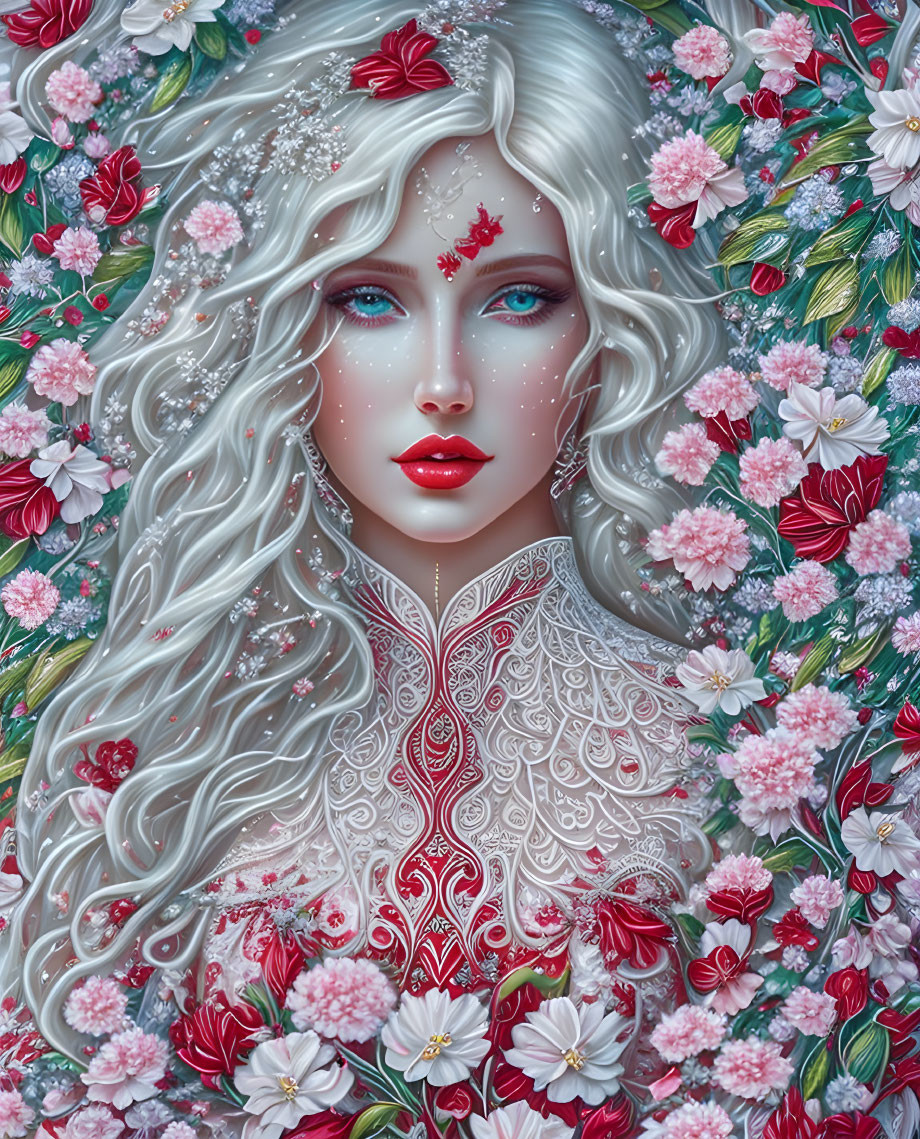 Silver-haired woman with blue eyes surrounded by vivid flowers and intricate red and white patterns.