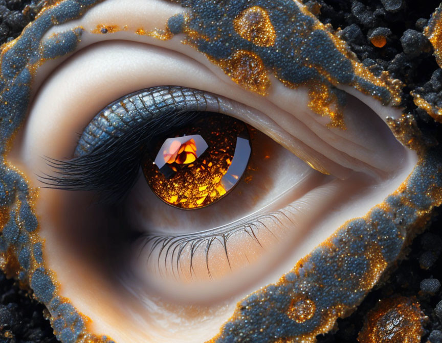 Detailed Close-Up of Eye with Golden Glitter and Fiery Reflection