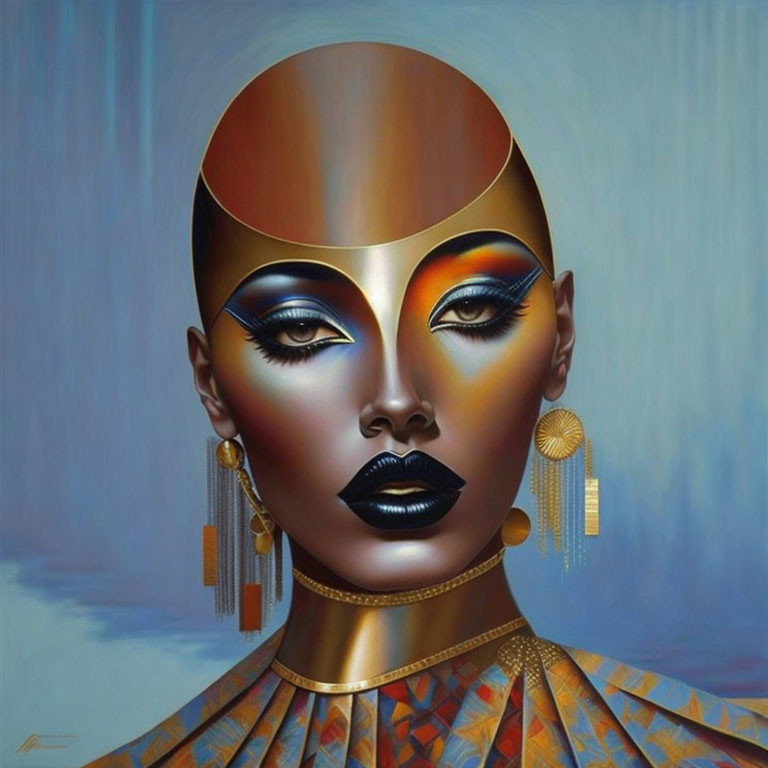 Woman with Avant-Garde Golden Headpiece and Dramatic Makeup on Blue Background