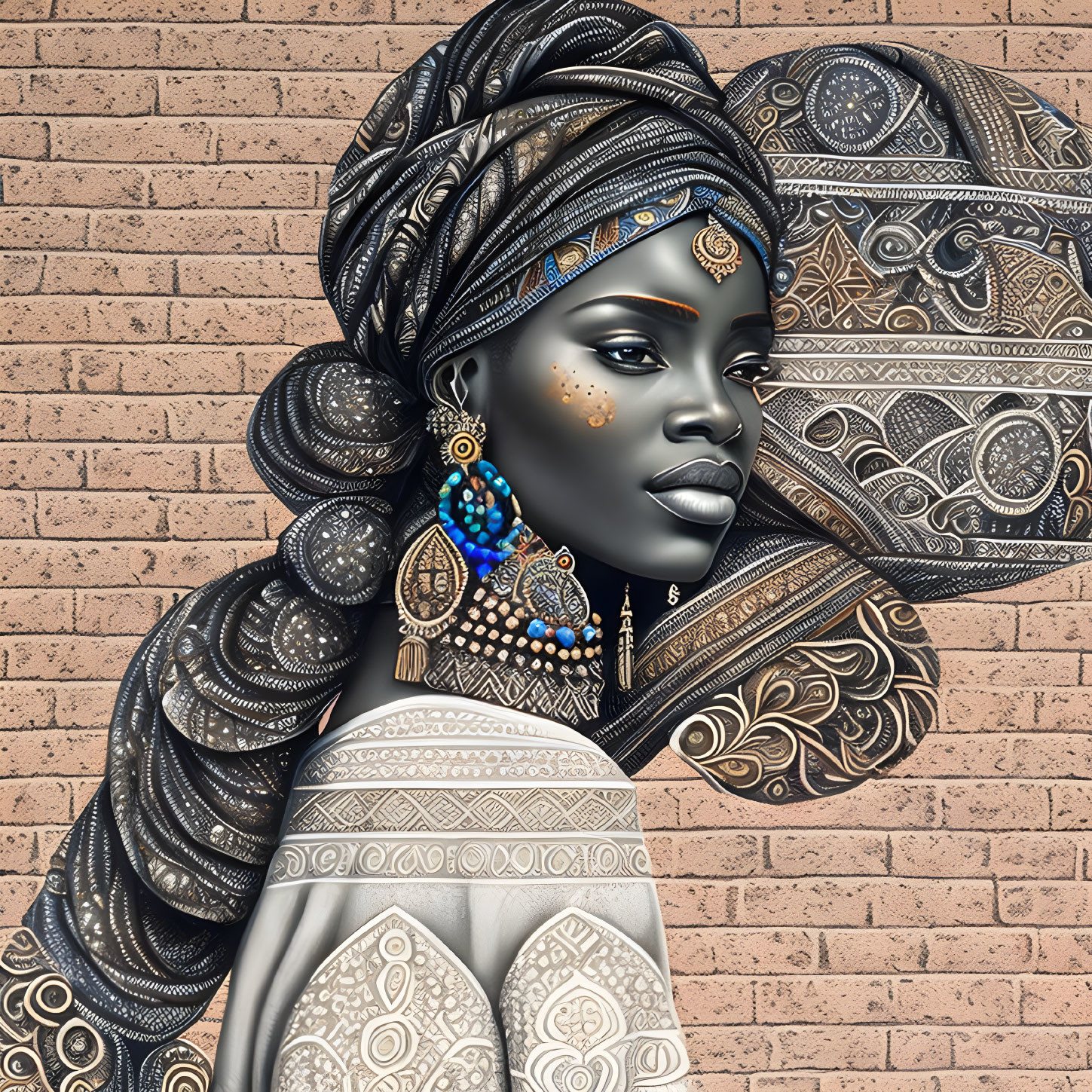 Digital illustration: Woman with tribal patterns, earrings, brick wall background